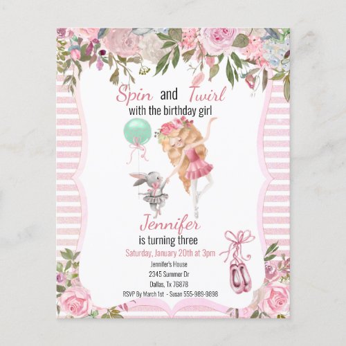 Spin Twirl Pink Ballerina Girl Birthday Party  Flyer
