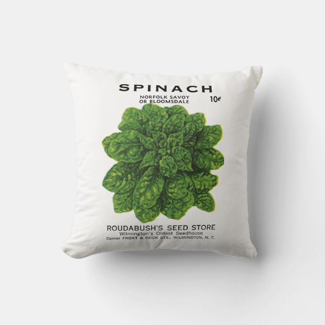 Spinach Seed Packet Label Throw Pillow (Front)