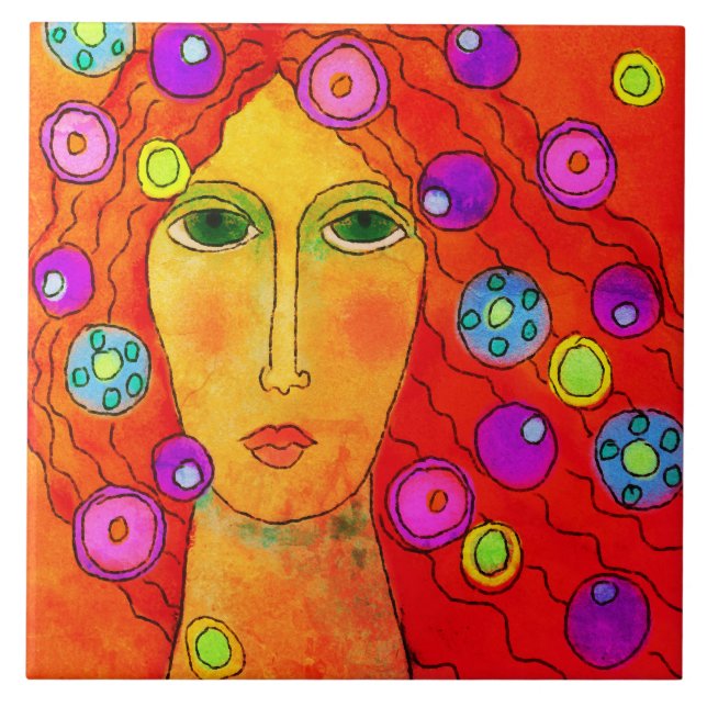 Spinning Abstract Digital Portrait of a Woman Ceramic Tile (Front)