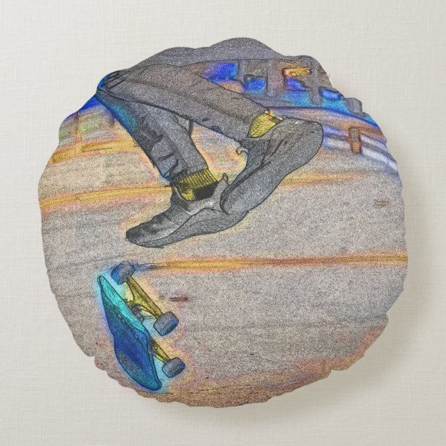 Spinning the Deck - Skateboard Trick Round Pillow (Back)