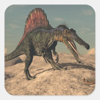 Spinosaurus Dinosaur Hunting A Snake Square Sticker by Elenarts_PaleoArts at Zazzle