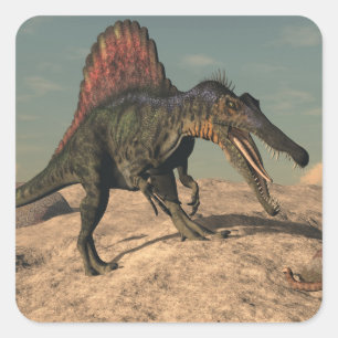 Spinosaurus dinosaur hunting a snake square sticker