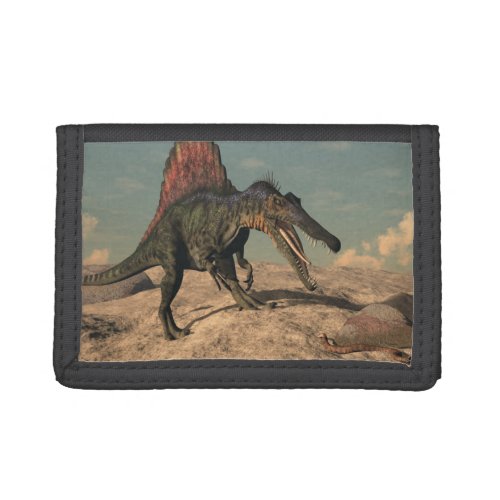 Spinosaurus dinosaur hunting a snake trifold wallet