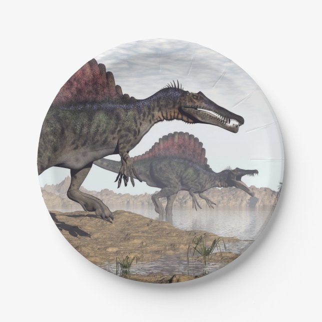 Spinosaurus dinosaurs in desert - 3D render Paper Plates (Front)
