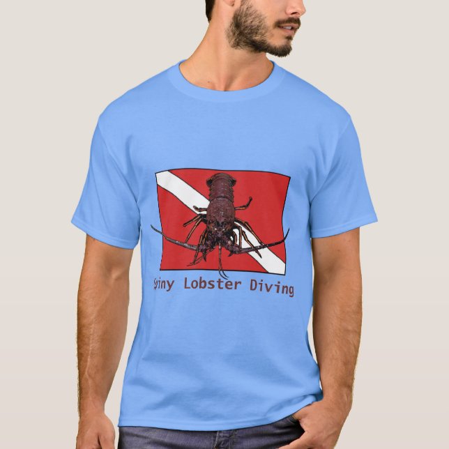 Spiny Lobster Diving with Red Diver Down Flag URM T-Shirt (Front)