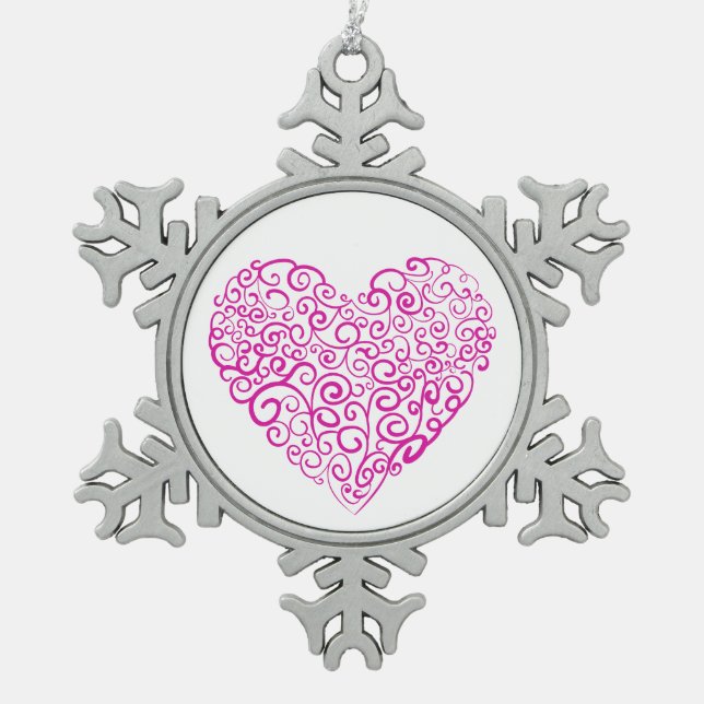 Spiral handwriting pink heart for Valentines Day Snowflake Pewter Christmas Ornament (Front)