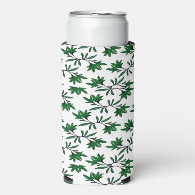 Spiral leafy green branches white seltzer can cooler (Seltzer Front)