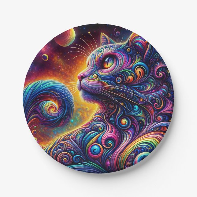 Spiral Mystic Galaxy Rainbow Cat Paper Plates (Front)