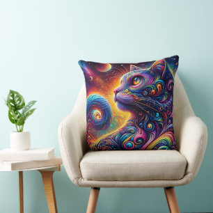 Spiral Mystic Galaxy Rainbow Cat Throw Pillow