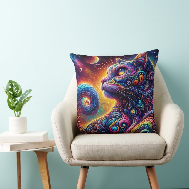 Spiral Mystic Galaxy Rainbow Cat Throw Pillow (Chair)