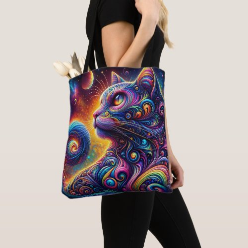 Spiral Mystic Galaxy Rainbow Cat Tote Bag