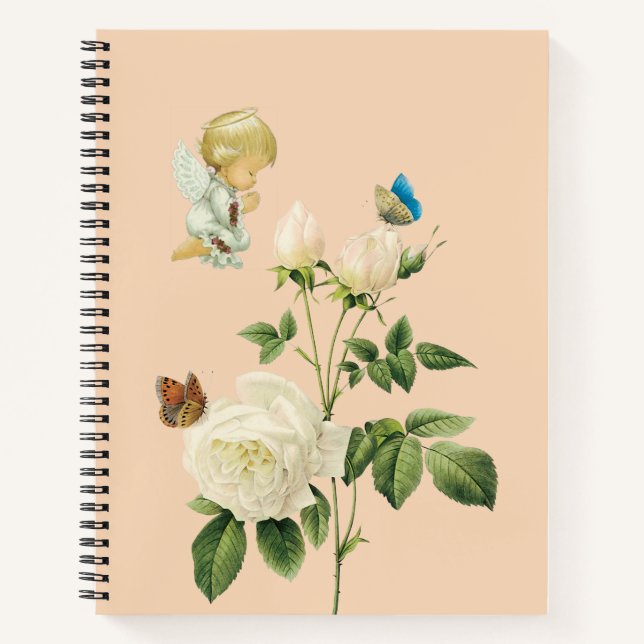 Spiral Notebook Beige Angel Floral Butterfly (Front)