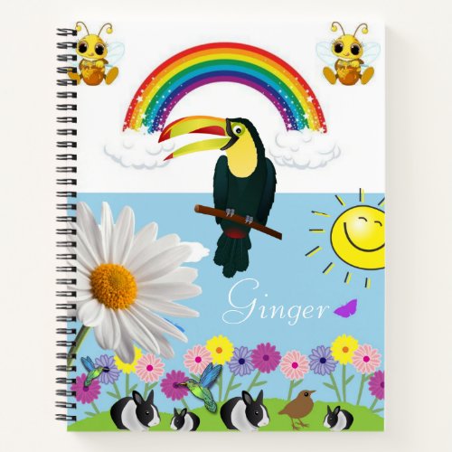 Spiral Notebook Bumblebee Rabbits Parrot Sun