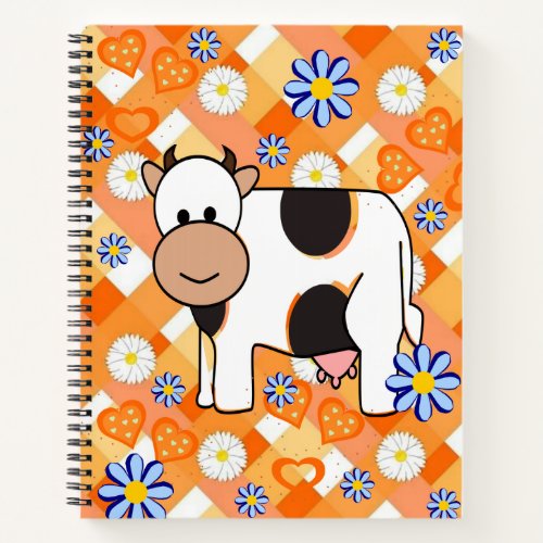 Spiral Notebook Cow Blue Flowers Orange Floral