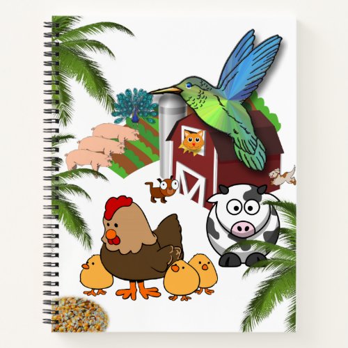 Spiral Notebook Farm Pigs Cows Cat Chickens