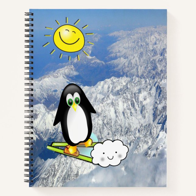 Spiral Notebook Penguin Skiing Clouds (Front)
