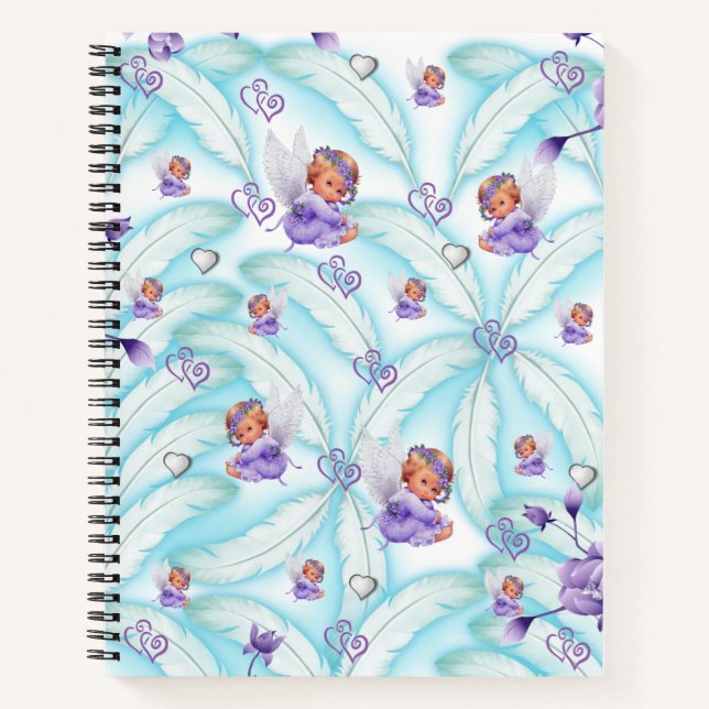 Spiral Notebook Purple Angle Hearts Blue Feathers (Front)