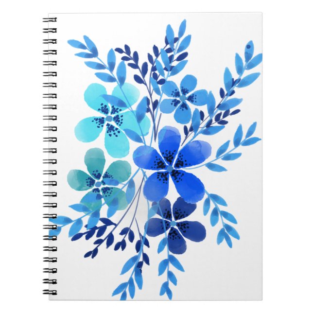 Spiral Notebook Watercolor Blue Flower Design Art (Front)