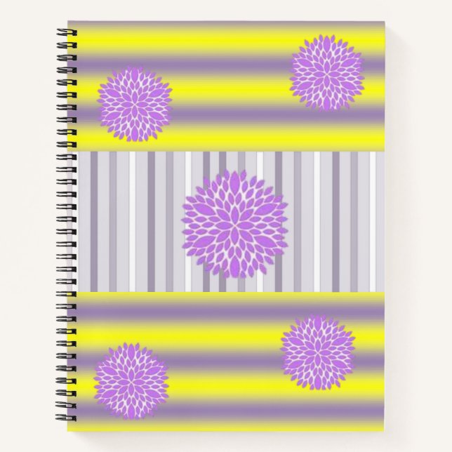 Spiral Notebook Yellow Gray Stripe Floral (Front)