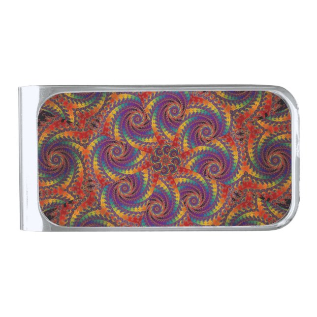Spiral Octopus Psychedelic Rainbow Fractal Art Silver Finish Money Clip (Front)