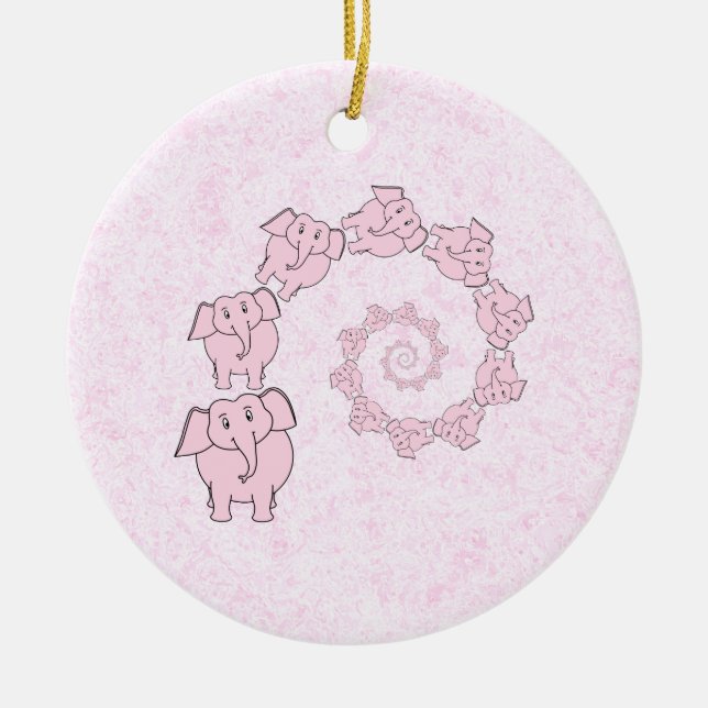 Spiral of Pink Elephants. Pink Background. Ceramic Ornament (Front)