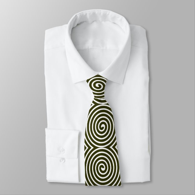 Spiral Pattern - Dark Olive and White Neck Tie (Tied)