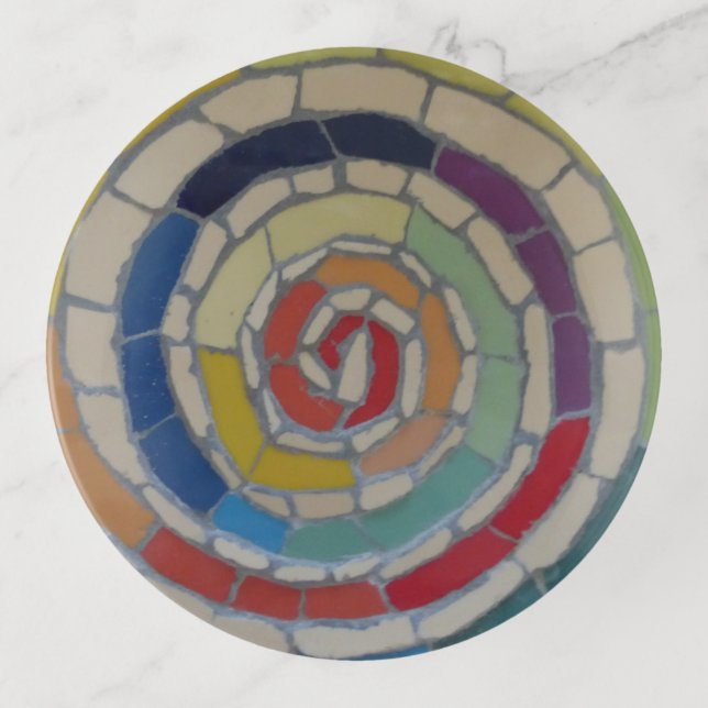 Spiral Rainbow Mosaic Round Trinket Tray (Front)