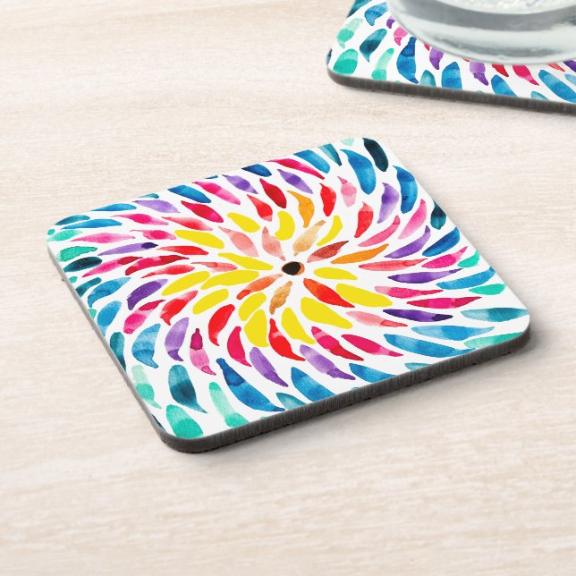 Spiral rainbow watercolor abstract beverage coaster (Left Side)