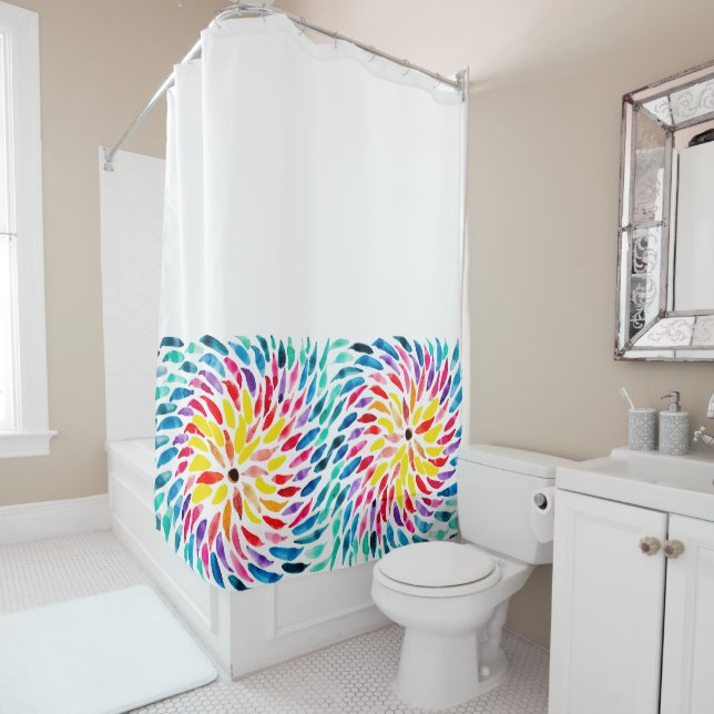 Spiral rainbow watercolor abstract shower curtain (In Situ)