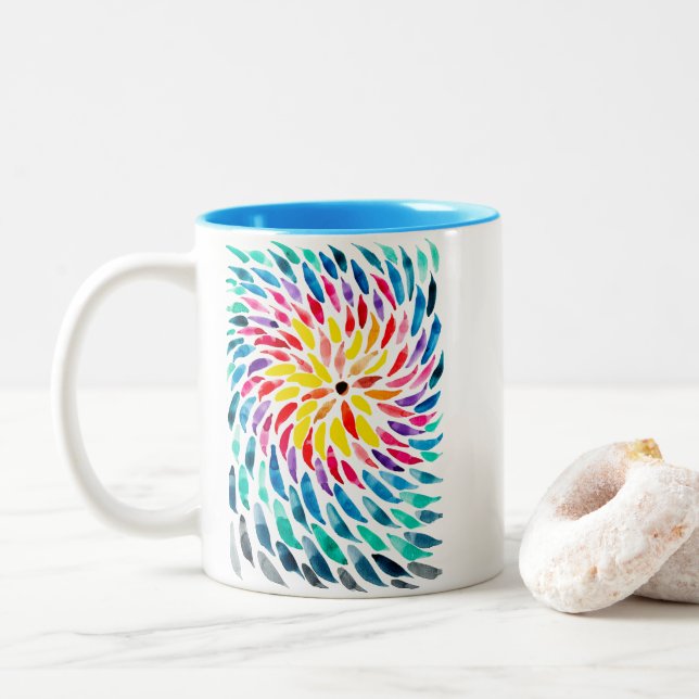 Spiral rainbow watercolor abstract Two-Tone coffee mug (With Donut)
