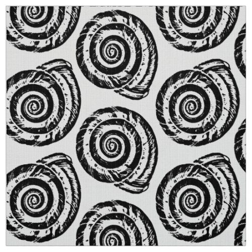 Spiral Seashell Block Print Black and White Fabric