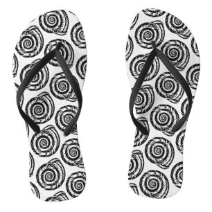 Spiral Seashell Block Print, Black and White Flip Flops