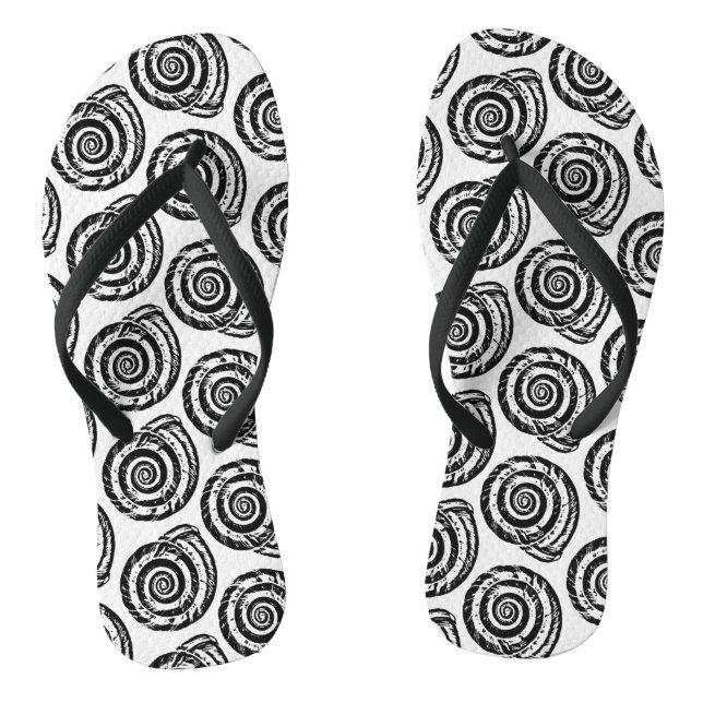Spiral Seashell Block Print, Black and White Flip Flops (Footbed)
