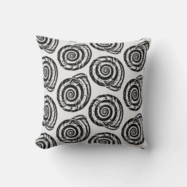 Spiral Seashell Block Print, Black and White Throw Pillow (Front)