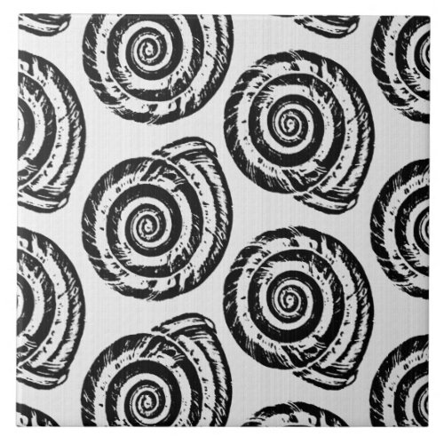 Spiral Seashell Block Print Black and White Tile