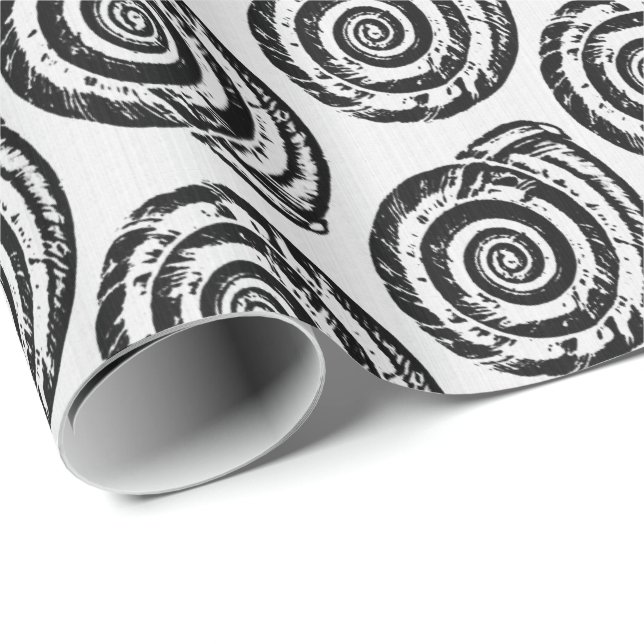 Spiral Seashell Block Print, Black and White Wrapping Paper (Roll Corner)