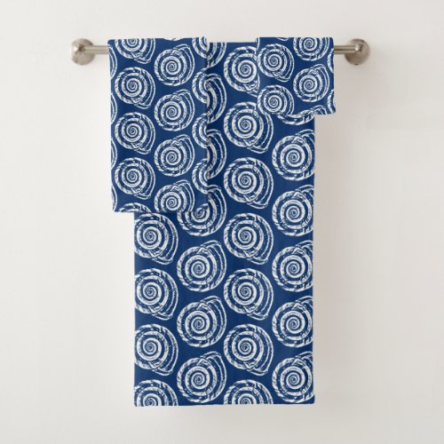 Spiral Seashell Block Print Cobalt Blue and White Bath Towel Set