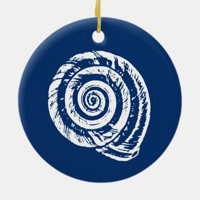 Spiral Seashell Block Print, Cobalt Blue and White Ceramic Ornament (Back)