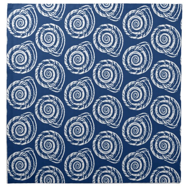 Spiral Seashell Block Print, Cobalt Blue and White Cloth Napkin (Front)
