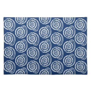 Spiral Seashell Block Print, Cobalt Blue and White Cloth Placemat