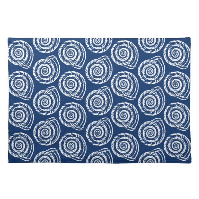 Spiral Seashell Block Print, Cobalt Blue and White Cloth Placemat (Front)