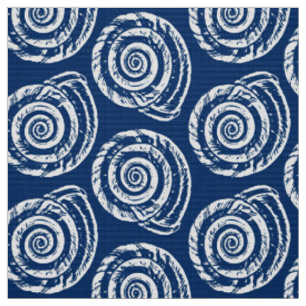 Spiral Seashell Block Print, Cobalt Blue and White Fabric