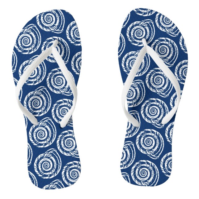 Spiral Seashell Block Print, Cobalt Blue and White Flip Flops (Footbed)