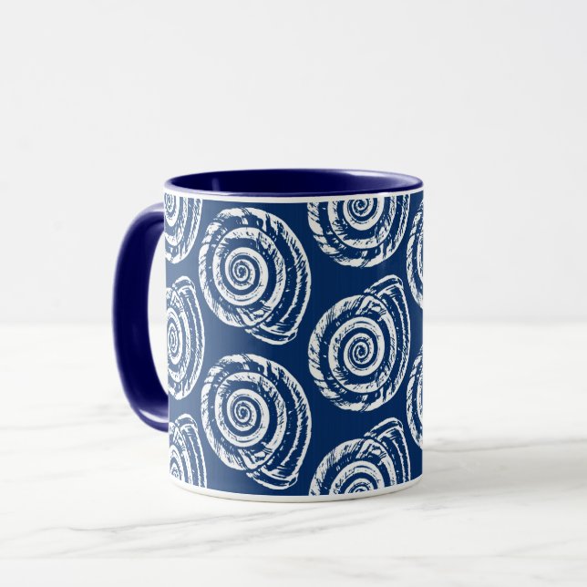 Spiral Seashell Block Print, Cobalt Blue and White Mug (Front Left)