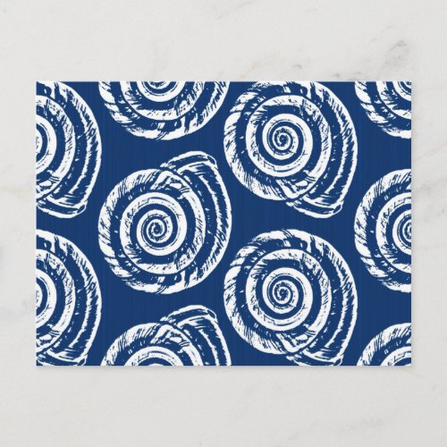 Spiral Seashell Block Print Cobalt Blue and White Postcard