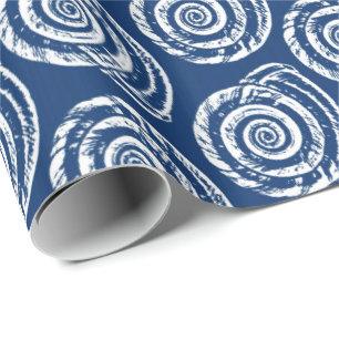 Spiral Seashell Block Print, Cobalt Blue and White Wrapping Paper