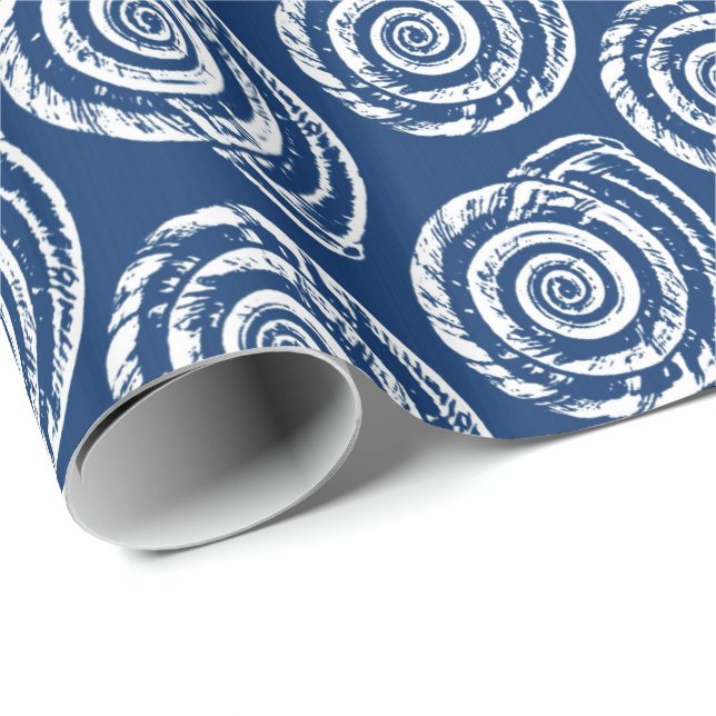 Spiral Seashell Block Print, Cobalt Blue and White Wrapping Paper (Roll Corner)