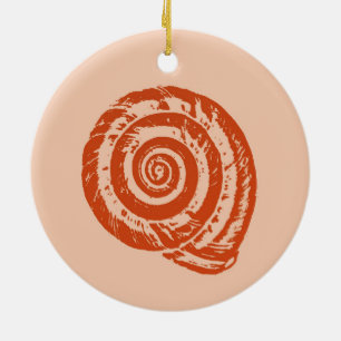 Spiral Seashell Block Print, Coral Orange Ceramic Ornament