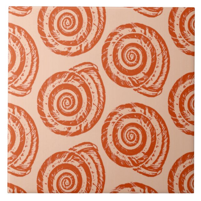 Spiral Seashell Block Print, Coral Orange Ceramic Tile (Front)