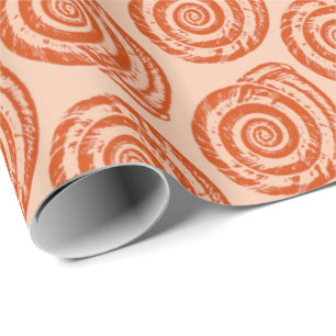 Spiral Seashell Block Print, Coral Orange Wrapping Paper